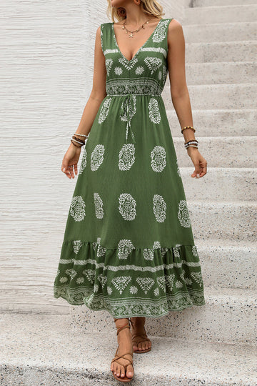 Army Green V Neck Printed A Line Long Summer Dress